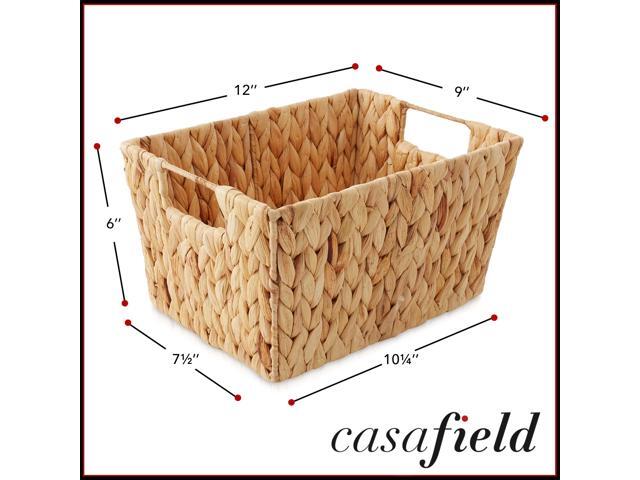 Casafield Set of 4 Water Hyacinth Storage Baskets with Handles - Natural, Woven Storage Bins for Shelves, Blankets, Laundry Organization