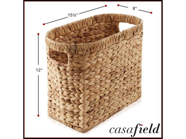 Casafield Woven Magazine Holder with Handles, Natural - Water Hyacinth Storage Basket for Bathroom, Living Room, Home Office