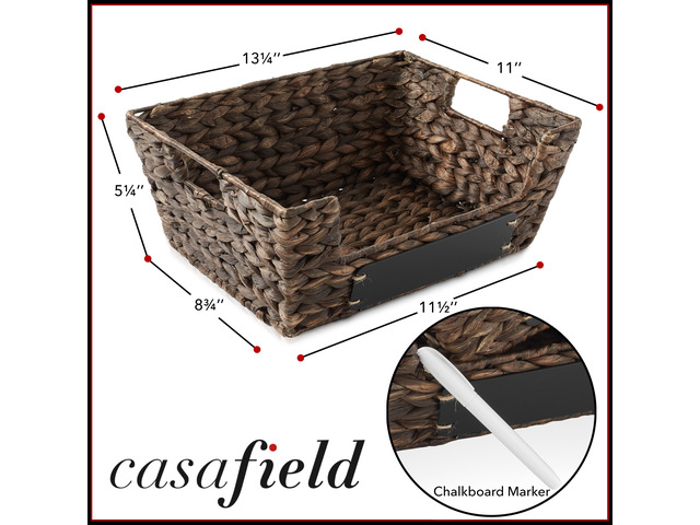 Casafield Set of 2 Water Hyacinth Pantry Baskets with Handles, Chalkboard Labels, and Marker - Espresso, Wide Woven Storage Bin Organizers for...