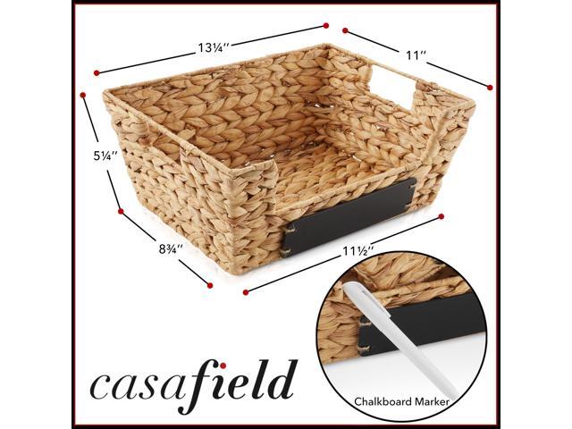 Casafield Set of 2 Water Hyacinth Pantry Baskets with Handles, Chalkboard Labels, and Marker - Natural, Wide Woven Storage Bin Organizers for...