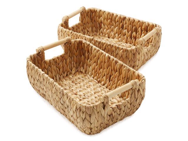 Casafield Set of 2 Water Hyacinth Oval Storage Baskets with Wooden Handles - Medium, Woven Bin Organizers