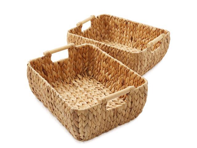 Casafield Set of 2 Water Hyacinth Oval Storage Baskets with Wooden Handles - Large, Woven Bin Organizers