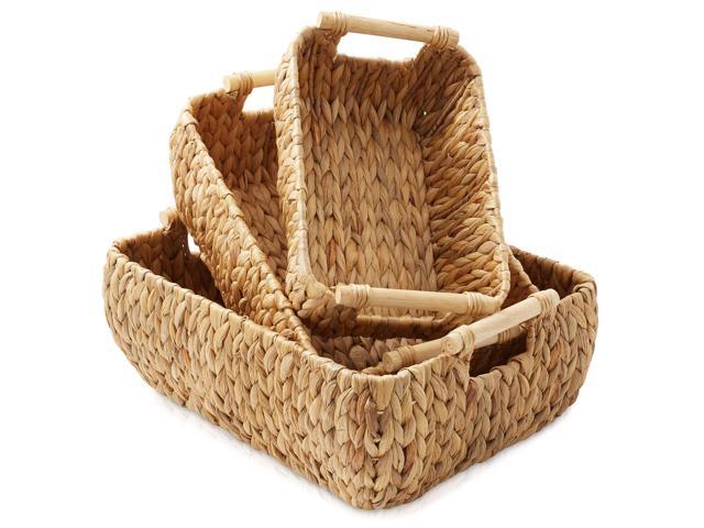 Casafield Set of 3 Water Hyacinth Oval Storage Baskets with Wooden Handles - Small, Medium, Large - Woven Nesting Basket Organizers