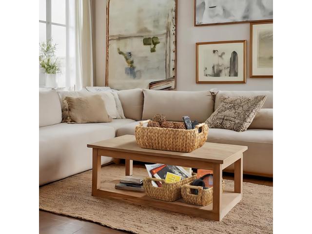 Casafield Set of 3 Water Hyacinth Oval Storage Baskets with Wooden Handles - Small, Medium, Large - Woven Nesting Basket Organizers