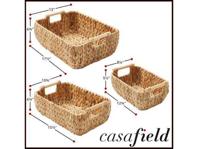 Casafield Set of 3 Water Hyacinth Oval Storage Baskets with Wooden Handles - Small, Medium, Large - Woven Nesting Basket Organizers
