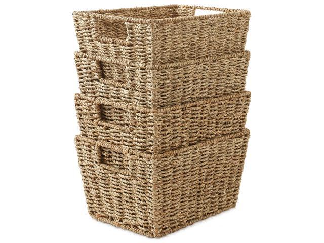 Casafield Set of 4 Seagrass Hyacinth Storage Baskets with Handles - Natural, Woven Storage Bins for Shelves, Blankets, Laundry Organization