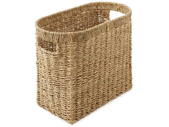 Casafield Woven Magazine Holder with Handles, Natural - Seagrass Storage Basket for Bathroom, Living Room, Home Office
