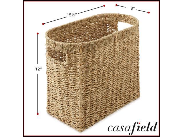 Casafield Woven Magazine Holder with Handles, Natural - Seagrass Storage Basket for Bathroom, Living Room, Home Office