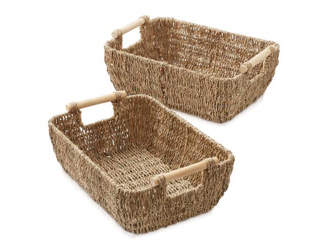 Casafield Set of 2 Seagrass Oval Storage Baskets with Wooden Handles - Medium, Woven Bin Organizers