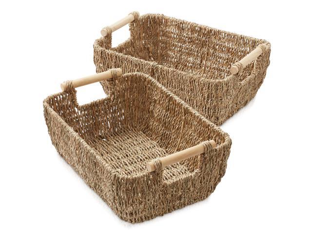 Casafield Set of 2 Seagrass Oval Storage Baskets with Wooden Handles - Large, Woven Bin Organizers