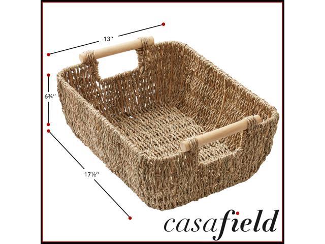 Casafield Set of 2 Seagrass Oval Storage Baskets with Wooden Handles - Large, Woven Bin Organizers