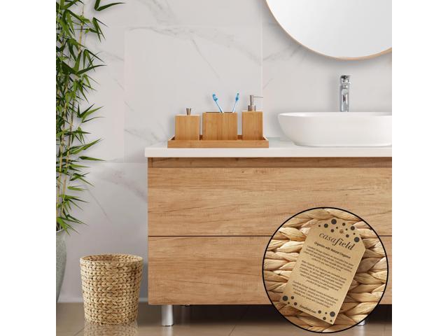 Casafield Set of 2 Water Hyacinth Waste Baskets - Natural, Round Woven Trash Can Bins for Bathroom, Bedroom, Laundry Room, Home Office