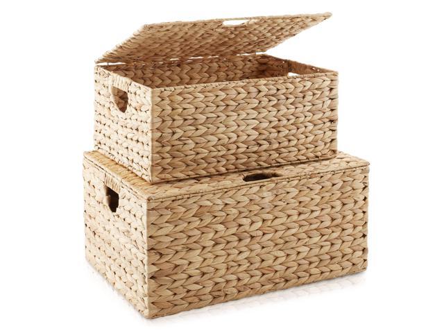 Casafield Set of 2 Water Hyacinth Rectangular Storage Baskets with Lids (Natural - Medium/Large) for Bedroom, Bathroom, Laundry, Home Office