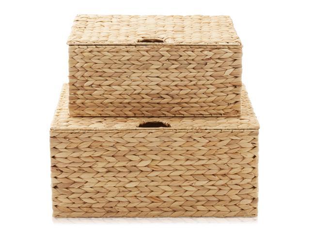 Casafield Set of 2 Water Hyacinth Rectangular Storage Baskets with Lids (Natural - Medium/Large) for Bedroom, Bathroom, Laundry, Home Office
