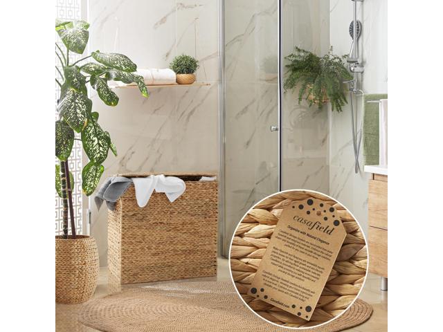 Casafield 2-Section Laundry Hamper with Removable Liner Bags - Natural, Woven Water Hyacinth Double Laundry Basket Sorter for Clothes and Towels