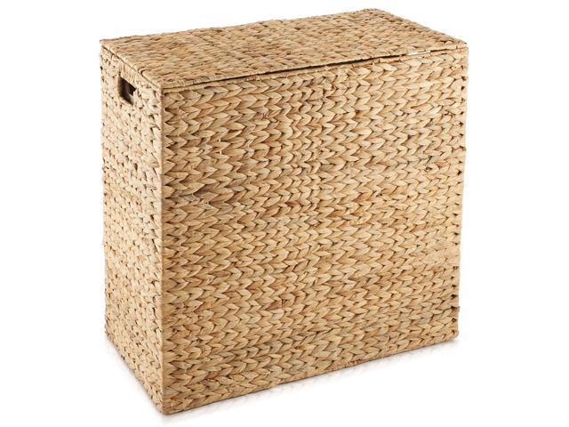 Casafield 2-Section Laundry Hamper with Removable Liner Bags - Natural, Woven Water Hyacinth Double Laundry Basket Sorter for Clothes and Towels