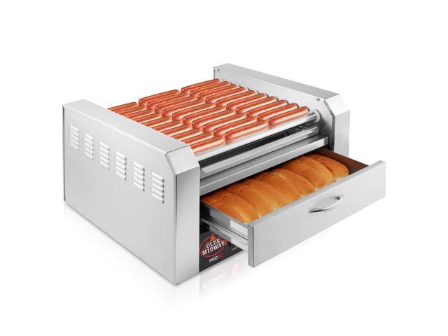 Olde Midway Electric 30 Hot Dog 11 Roller Grill Cooker Machine with Bun Warming Drawer - Commercial Grade, Stainless Steel