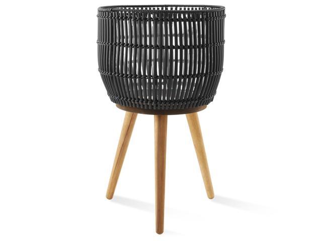 Casafield Indoor Planter with Stand, Black Floor Planter with Wood Legs, Large Plant Pot Cover with Liner for Houseplants, Flower Pots and Trees