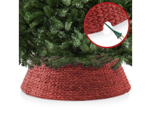 Casafield 42-Inch Christmas Tree Collar, Woven Water Hyacinth Tree Base Cover with Cord Cut Out, Red