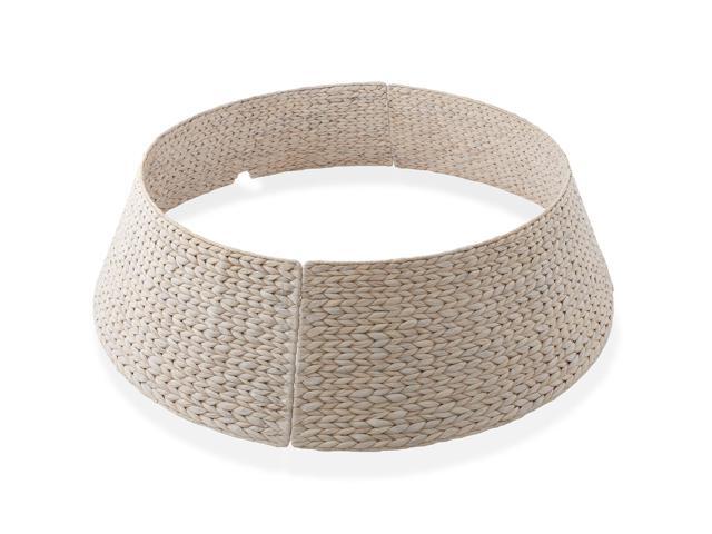 Casafield 42-Inch Christmas Tree Collar, Woven Water Hyacinth Tree Base Cover with Cord Cut Out, Whitewash