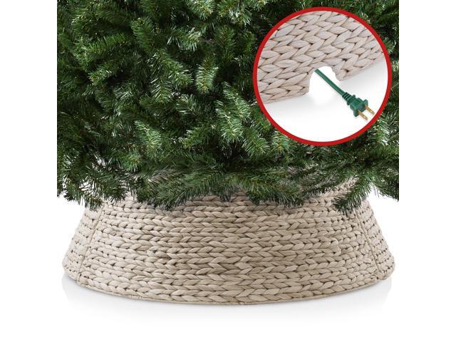 Casafield 42-Inch Christmas Tree Collar, Woven Water Hyacinth Tree Base Cover with Cord Cut Out, Whitewash