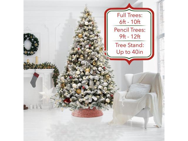 Casafield 42-Inch Christmas Tree Collar, Woven Water Hyacinth Tree Base Cover with Cord Cut Out, Pink
