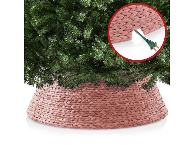 Casafield 42-Inch Christmas Tree Collar, Woven Water Hyacinth Tree Base Cover with Cord Cut Out, Pink