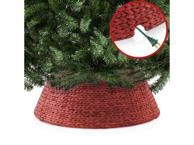 Casafield 32-Inch Christmas Tree Collar, Woven Water Hyacinth Tree Base Cover with Cord Cut Out, Red