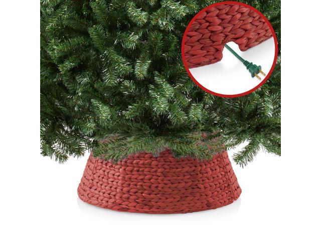 Casafield 24-Inch Christmas Tree Collar, Woven Water Hyacinth Tree Base Cover with Cord Cut Out, Red