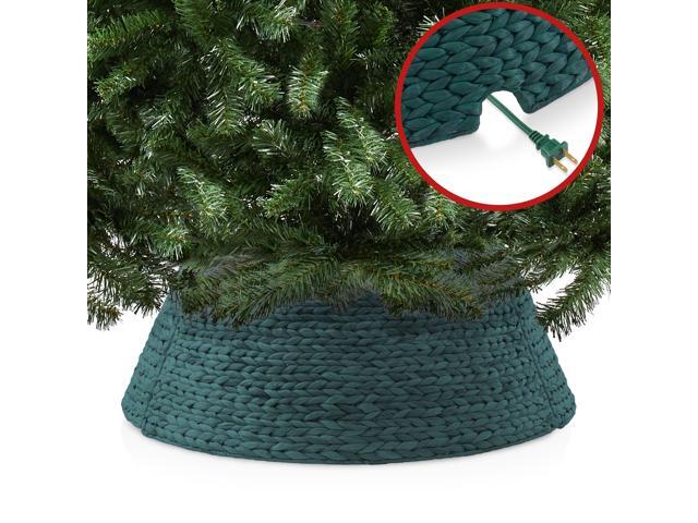 Casafield 32-Inch Christmas Tree Collar, Woven Water Hyacinth Tree Base Cover with Cord Cut Out, Green