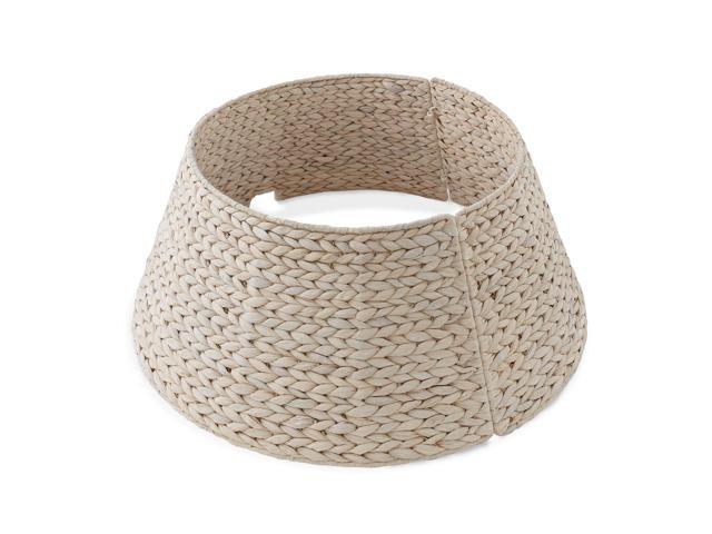 Casafield 24-Inch Christmas Tree Collar, Woven Water Hyacinth Tree Base Cover with Cord Cut Out, Whitewash