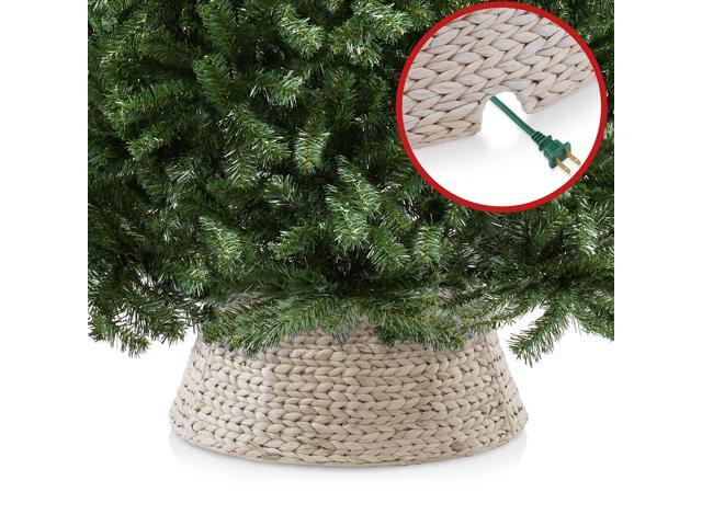 Casafield 24-Inch Christmas Tree Collar, Woven Water Hyacinth Tree Base Cover with Cord Cut Out, Whitewash