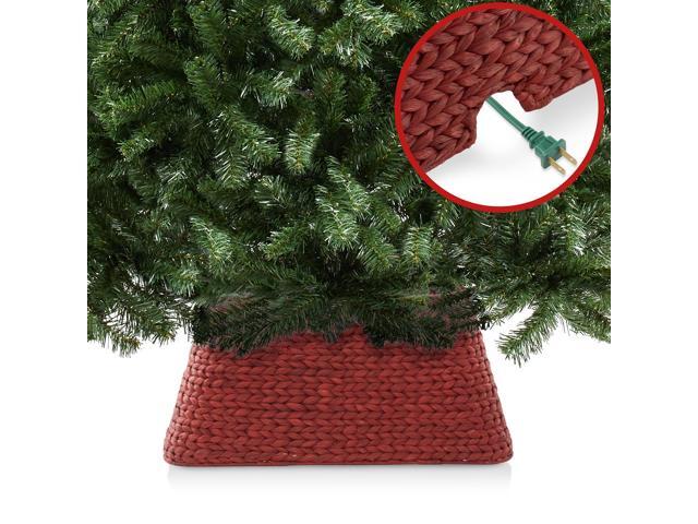 Casafield 22-Inch Christmas Tree Collar, Water Hyacinth Woven Tree Square Base Cover with Cord Cut Out, Red