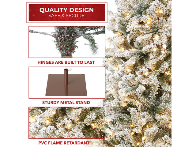Casafield 6.5FT Pre-Lit Realistic Pencil Snow-Flocked Alpine Fir Artificial Holiday Christmas Tree with LED Lights and Metal Stand