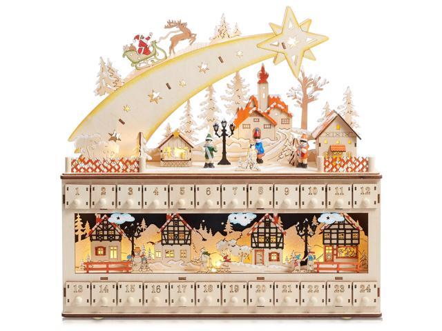 Casafield Wooden Christmas Advent Calendar, Pre-Lit with Drawers Holiday Decoration with Shooting Star and LED Light-Up Background