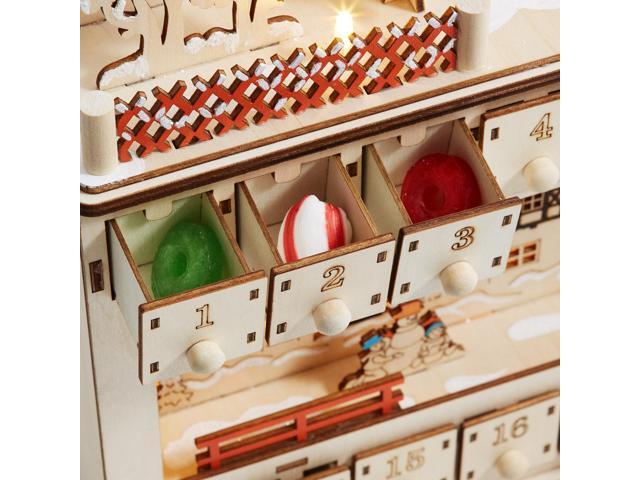 Casafield Wooden Christmas Advent Calendar, Pre-Lit with Drawers Holiday Decoration with Shooting Star and LED Light-Up Background