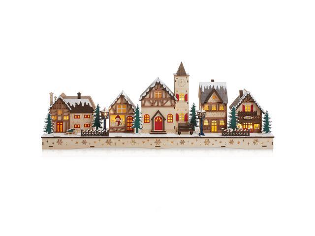Casafield Pre-Lit Wooden Christmas Village - Miniature LED Light-Up Traditional Winter Holiday Decoration for Home, Mantel and Tabletop