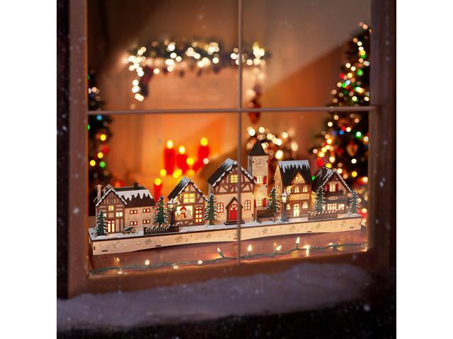 Casafield Pre-Lit Wooden Christmas Village - Miniature LED Light-Up Traditional Winter Holiday Decoration for Home, Mantel and Tabletop