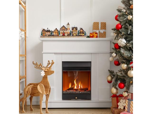 Casafield Pre-Lit Wooden Christmas Village - Miniature LED Light-Up Traditional Winter Holiday Decoration for Home, Mantel and Tabletop