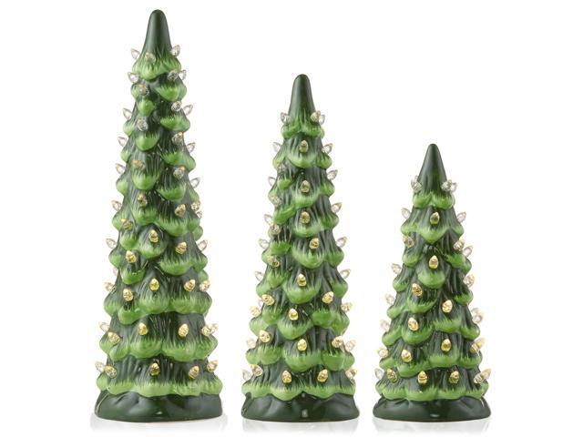 Casafield Set of 3 Hand Painted Ceramic Christmas Tree - Green Pre-Lit 8, 10, 12-Inch Trees with White Lights
