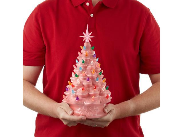 Casafield Hand Painted Ceramic Christmas Tree, Pink 15-Inch Pre-Lit Tree with 128 Multi Color Lights and 2 Star Toppers