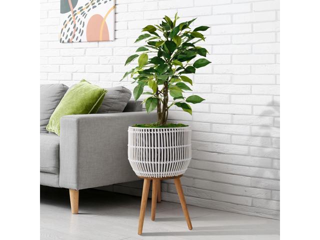 Casafield Indoor Planter with Stand, White Floor Planter with Wood Legs, Large Plant Pot Cover with Liner for Houseplants, Flower Pots and Trees