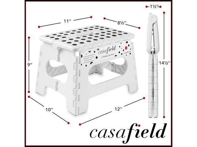 Casafield 9' Folding Step Stool with Handle, White - Portable Collapsible Small Plastic Foot Stool for Kids and Adults - Use in the Kitchen,...