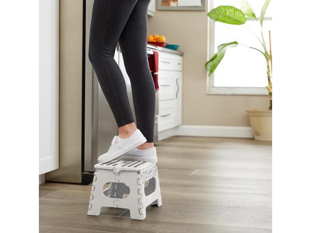 Casafield 9' Folding Step Stool with Handle, White - Portable Collapsible Small Plastic Foot Stool for Kids and Adults - Use in the Kitchen,...