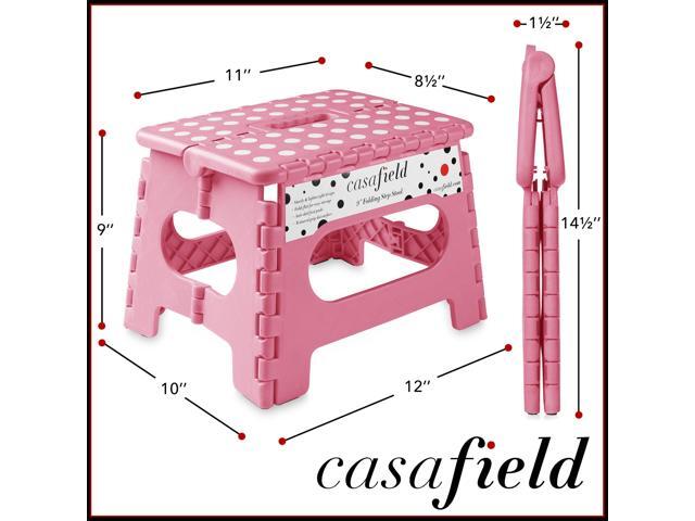 Casafield 9' Folding Step Stool with Handle, Pink - Portable Collapsible Small Plastic Foot Stool for Kids and Adults - Use in the Kitchen,...