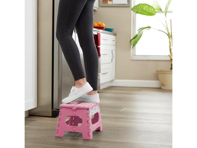 Casafield 9' Folding Step Stool with Handle, Pink - Portable Collapsible Small Plastic Foot Stool for Kids and Adults - Use in the Kitchen,...