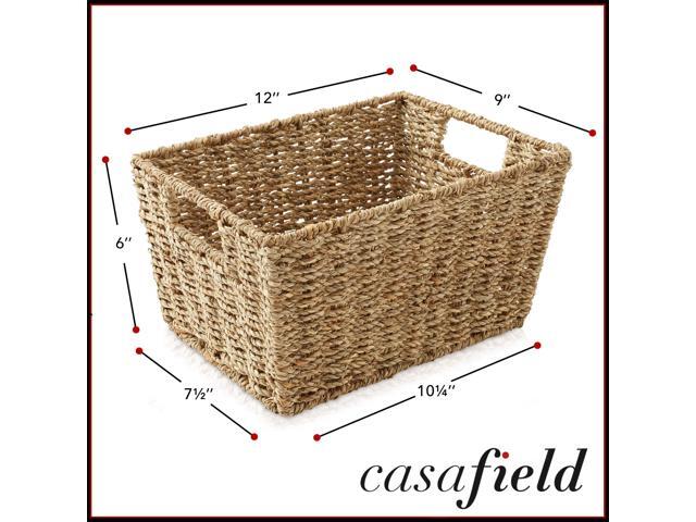 Casafield Set of 4 Seagrass Hyacinth Storage Baskets with Handles - Natural, Woven Storage Bins for Shelves, Blankets, Laundry Organization