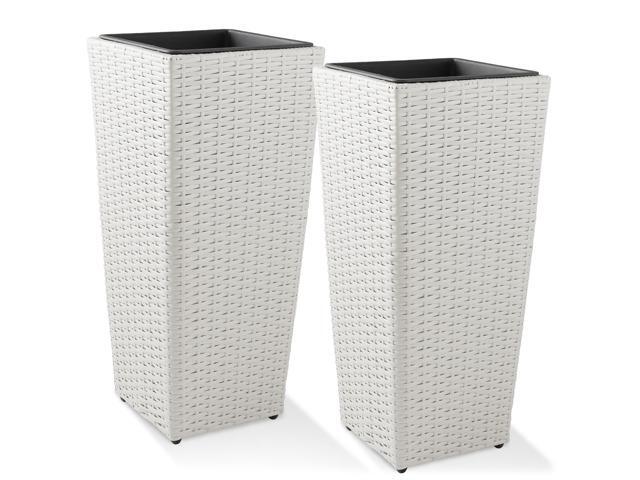 Casafield Set of 2 All-Weather Outdoor Planters with Liners, Tall Tapered Plant Boxes with Flower Pots for Front Porch, Patio, Garden - White