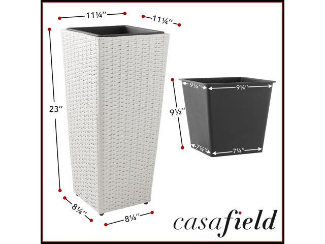 Casafield Set of 2 All-Weather Outdoor Planters with Liners, Tall Tapered Plant Boxes with Flower Pots for Front Porch, Patio, Garden - White