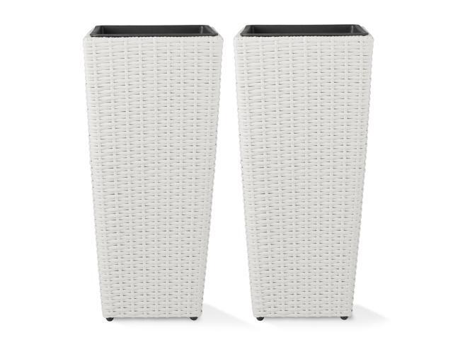Casafield Set of 2 All-Weather Outdoor Planters with Liners, Tall Tapered Plant Boxes with Flower Pots for Front Porch, Patio, Garden - White